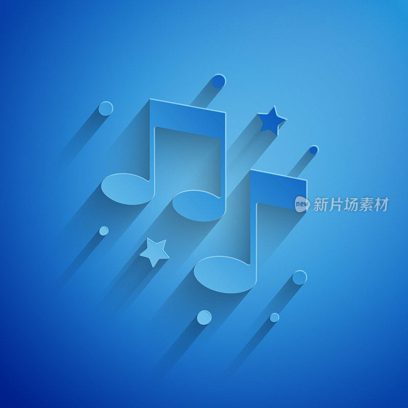 Paper cut Music note, tone icon isolated on blue background. Paper art style. Vector